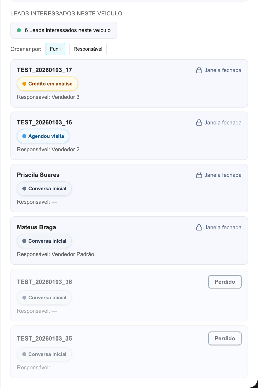 Lista de veículos com leads interessados